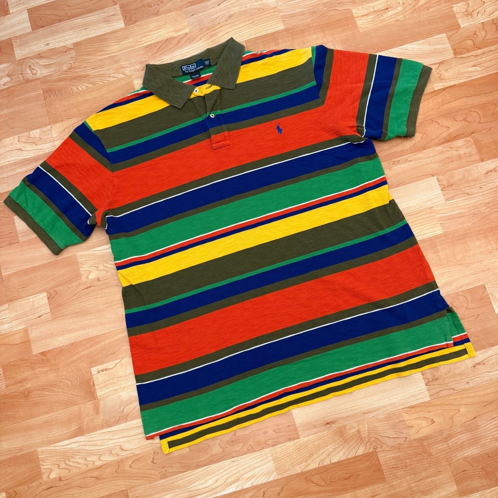 Vintage Polo Ralph Lauren Mens 2XLT Tall Multi Color Striped Short Sleeve Polo
